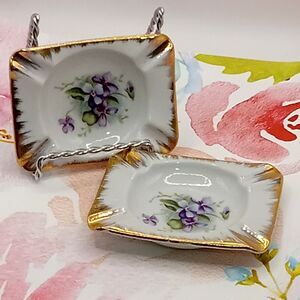 SHAFFORD Purple Violet Pansy FLORAL Gold Trim Individual ASHTRAYS Vtg Japan